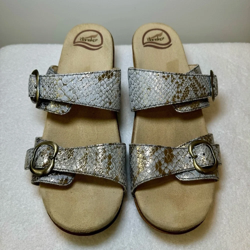 Dansko Sophie Leather Snakeskin‎ Metallic Slide Sandal Double Strap EUR size 41